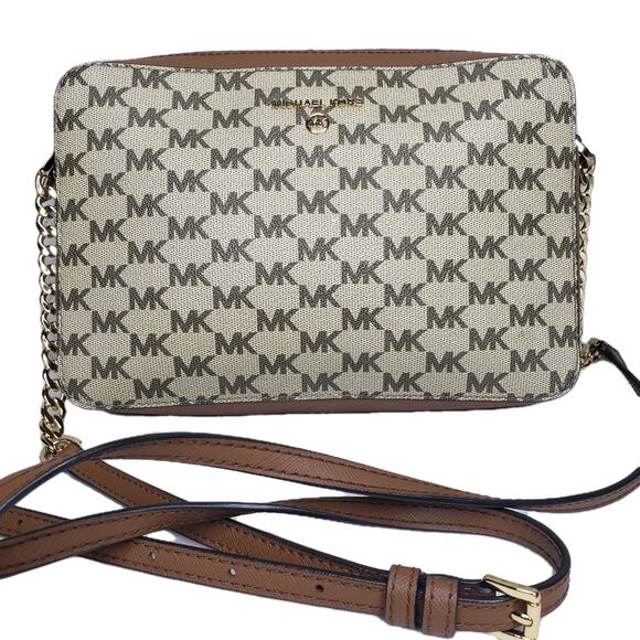 Michael Kors Jet Set MK Logo Tan Leather Crossbody Bag Gold Chain - Picture 1 of 10